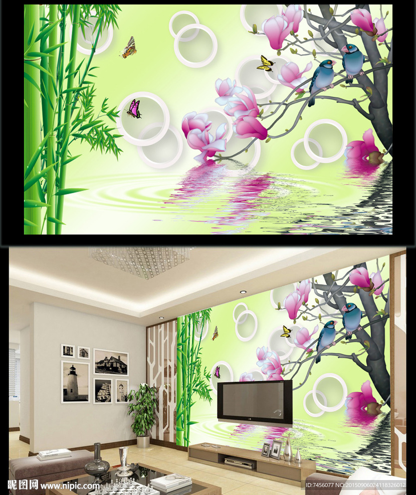 清幽竹子花瓣立体背景墙