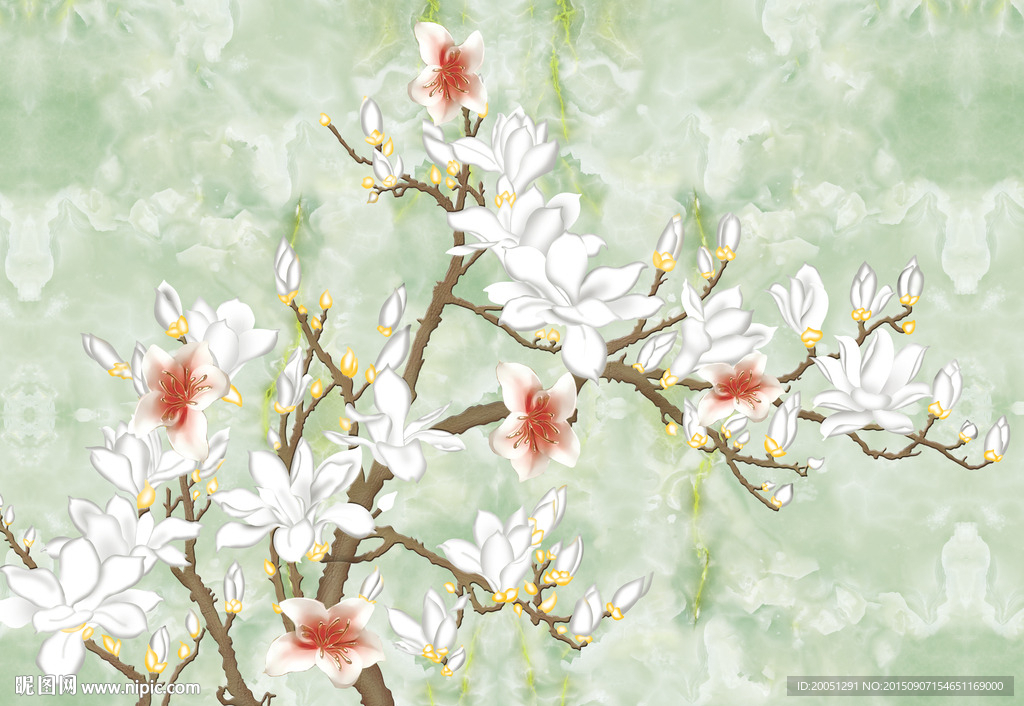 玉雕背景墙 花枝 白玉兰