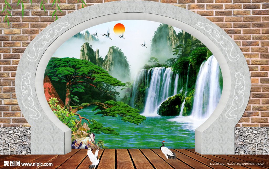 3d山水画 流水生财壁画