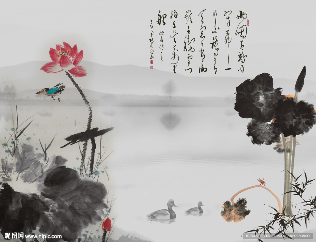 国画荷花 中国风背景墙