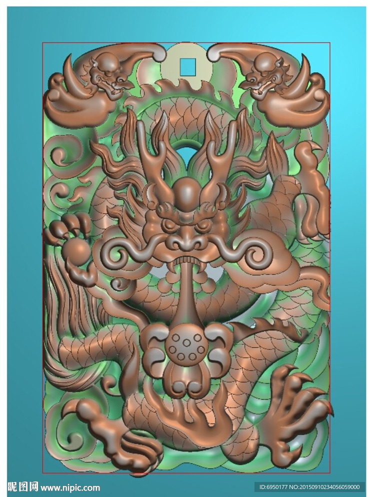 蝙蝠铜钱龙牌子挂件精雕图灰度图