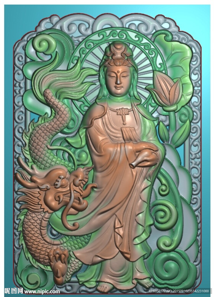 观音御龙牌子精雕图灰度图浮雕