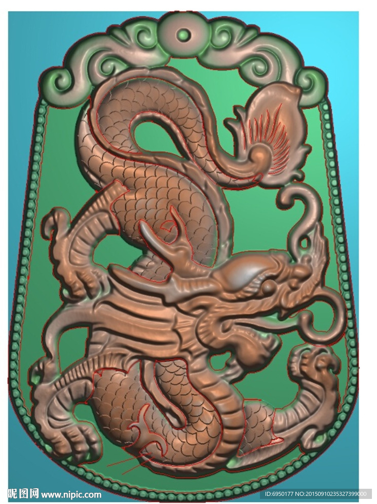 带鳞单龙牌子挂件精雕图灰度浮雕