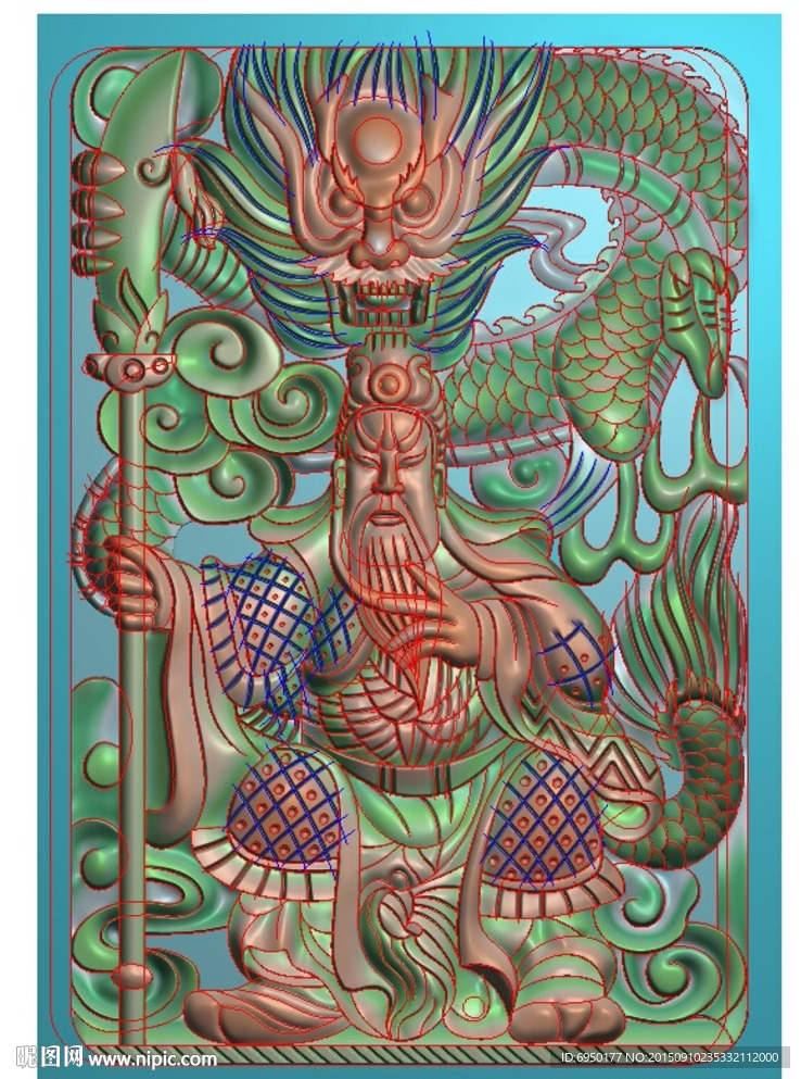 关公龙牌子挂件精雕图浮雕图灰度