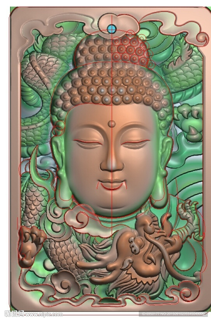 盘龙观音 方牌精雕图灰度图浮雕