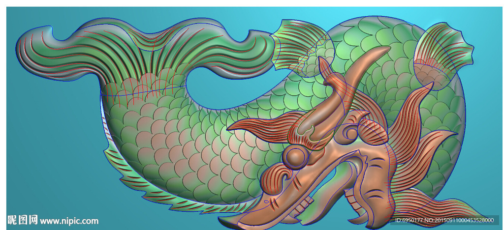 鱼化龙鱼龙背板精雕图灰度图浮雕