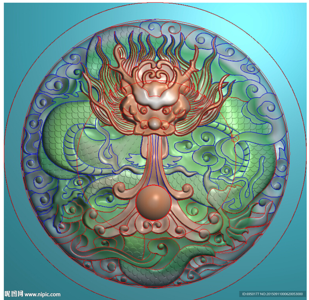 圆龙单龙牌子挂件精雕图灰度浮雕