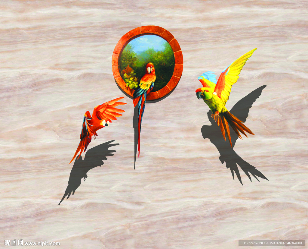互动鹦鹉鸟3D立体墙画