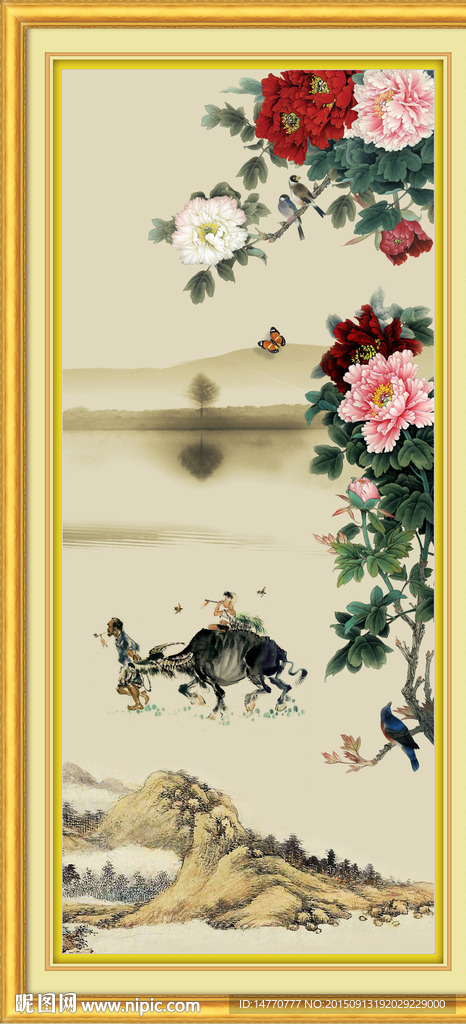 牡丹装饰画 放牛的孩子