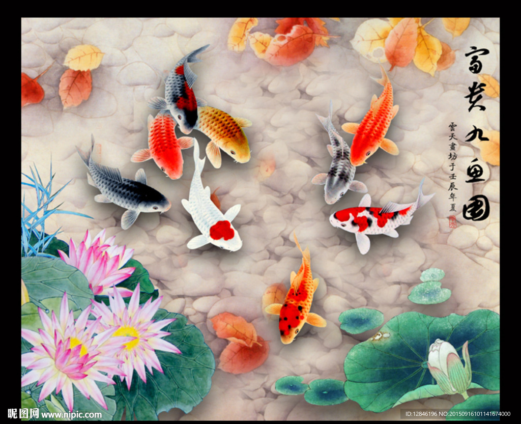 荷花九鱼图