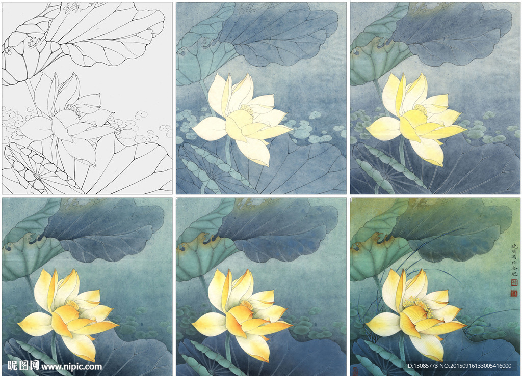 工笔画地涌金莲线稿上色步骤