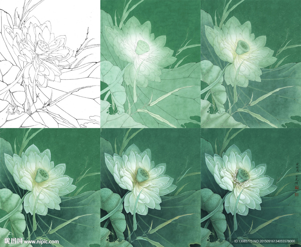 工笔画荷池清梦线稿上色步骤