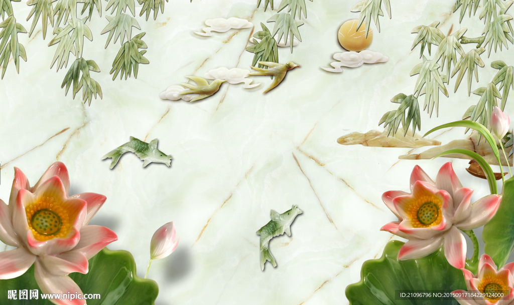 玉雕背景墙 荷花壁画 花鸟图