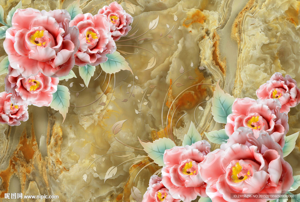 大型背景墙 玉雕花朵 花开富贵