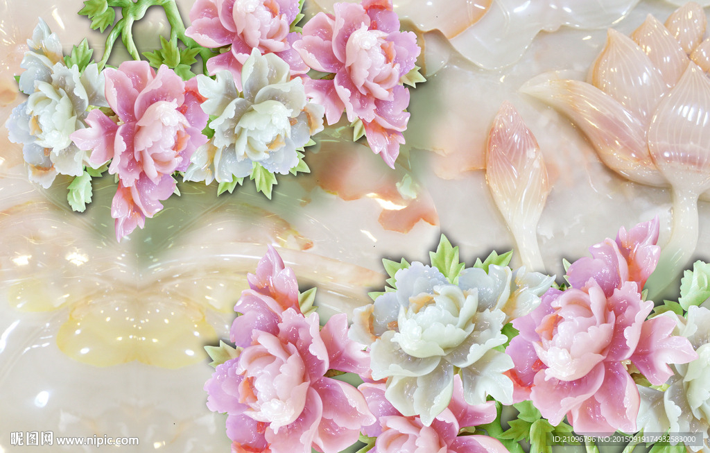 玉雕背景墙 大型壁画 花开富贵