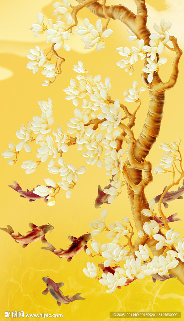 玉兰花九鱼图