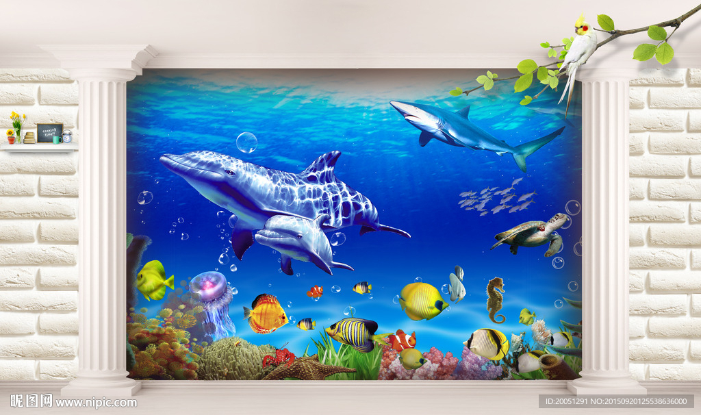 3d电视背景墙 海豚壁画