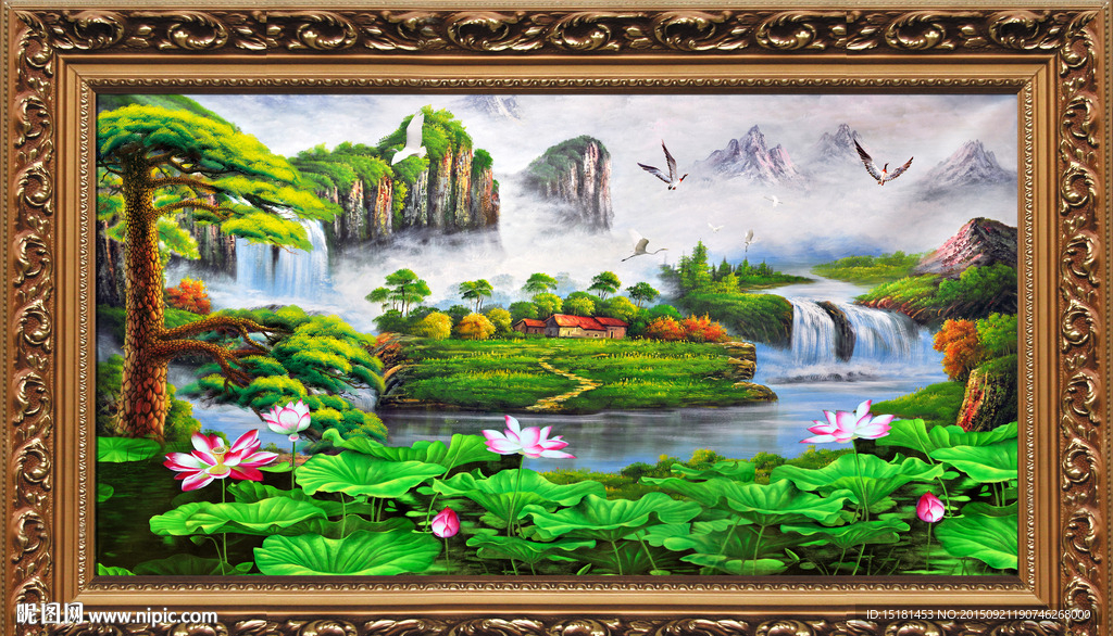 迎客松风景油画