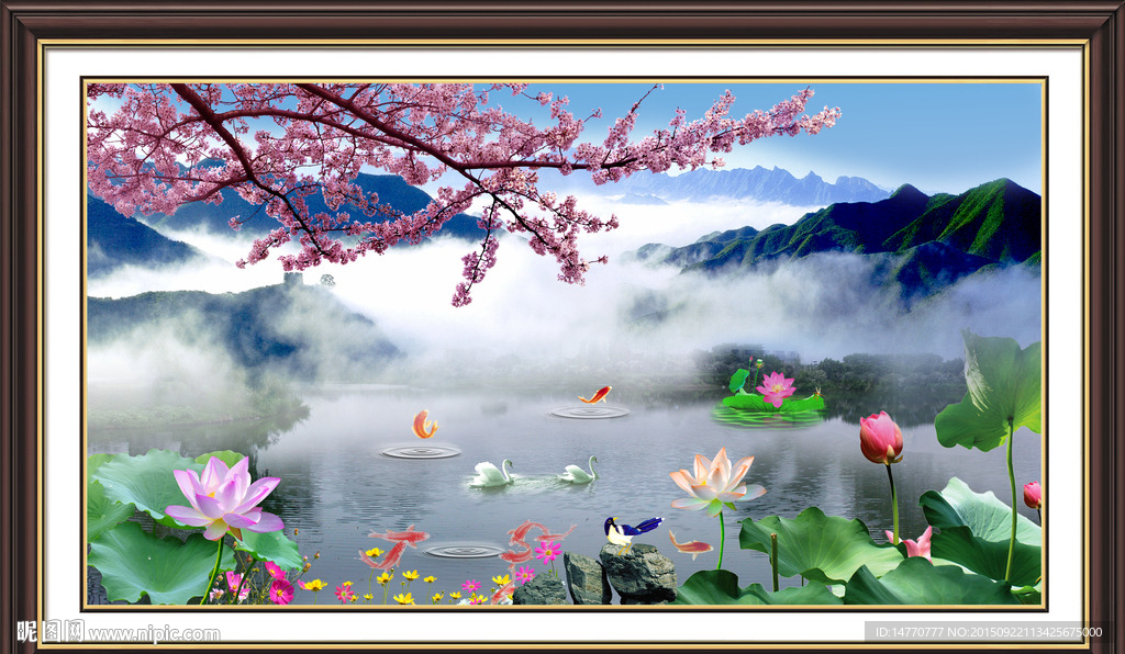 风景画 荷花鲤鱼图