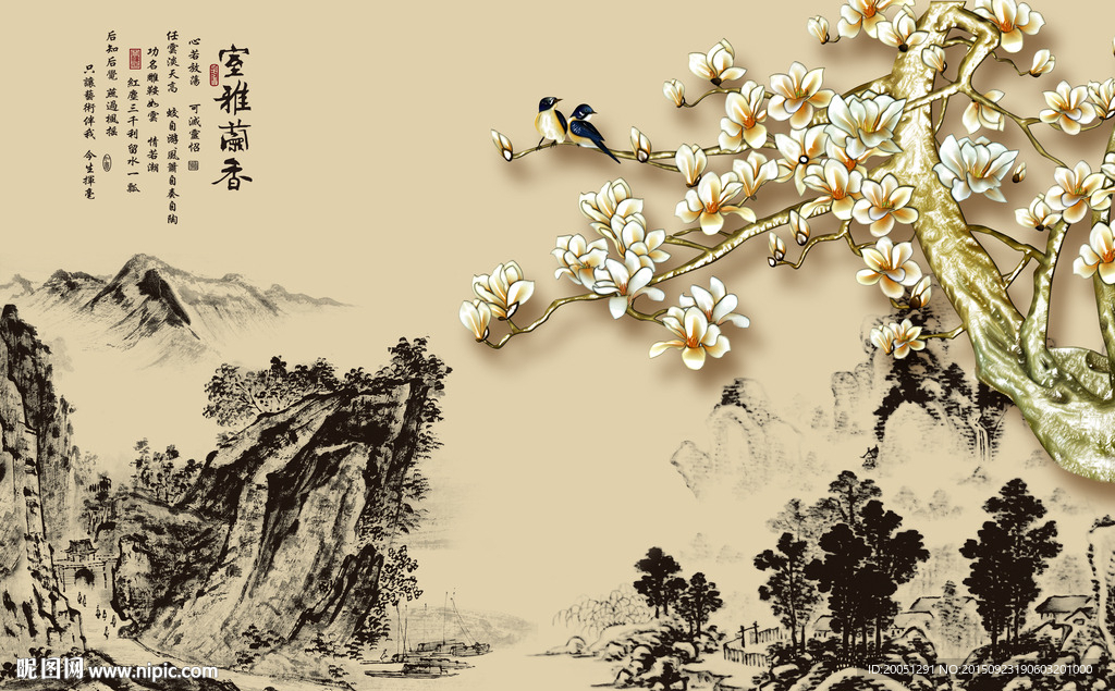 中国国画风景 花鸟壁画