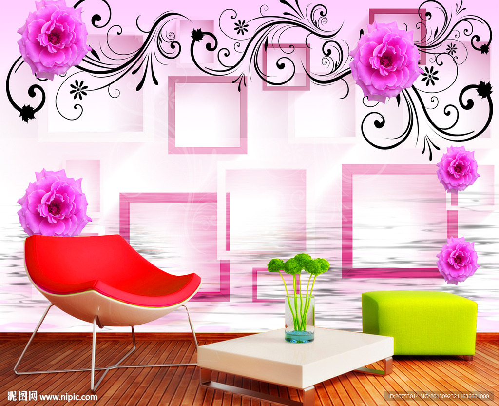 3D玫瑰倒影立体电视背景墙