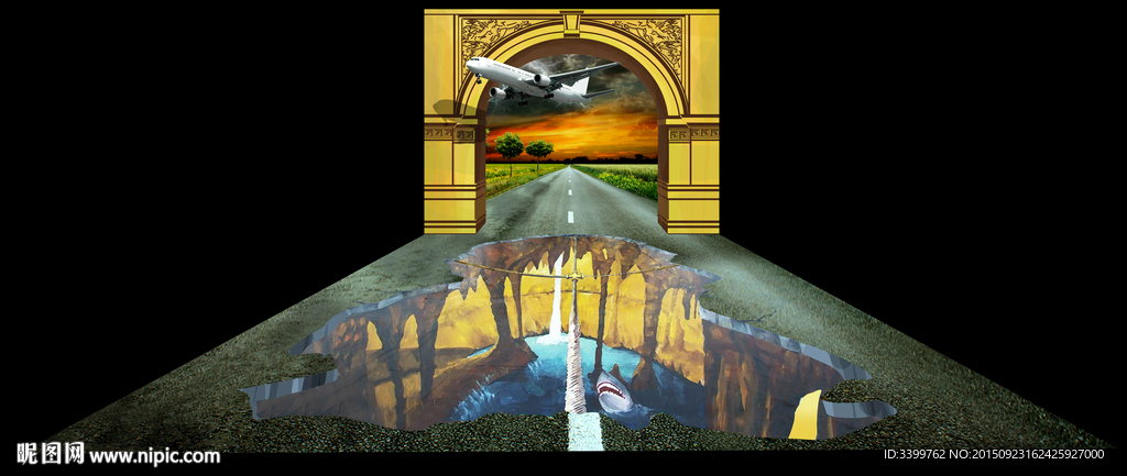 大鲨鱼与路3D立体画