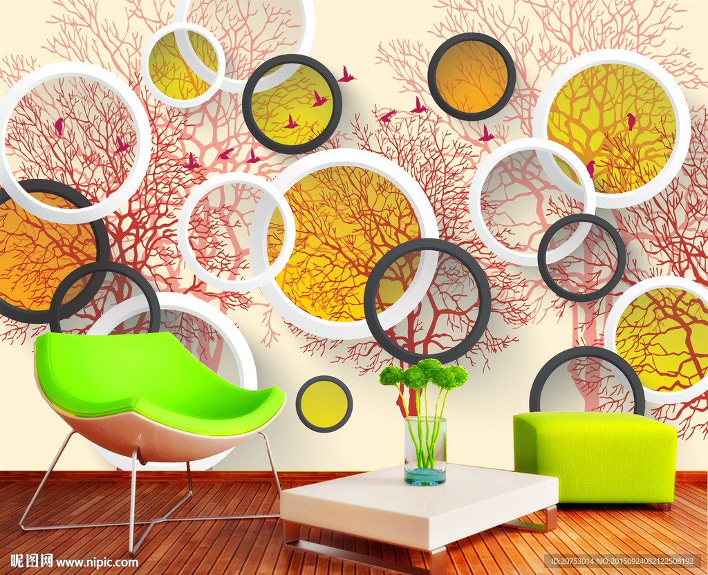 抽象树3D圆圈电视背景墙