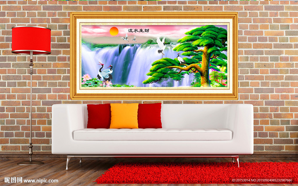 高清瀑布迎客松风景装饰画