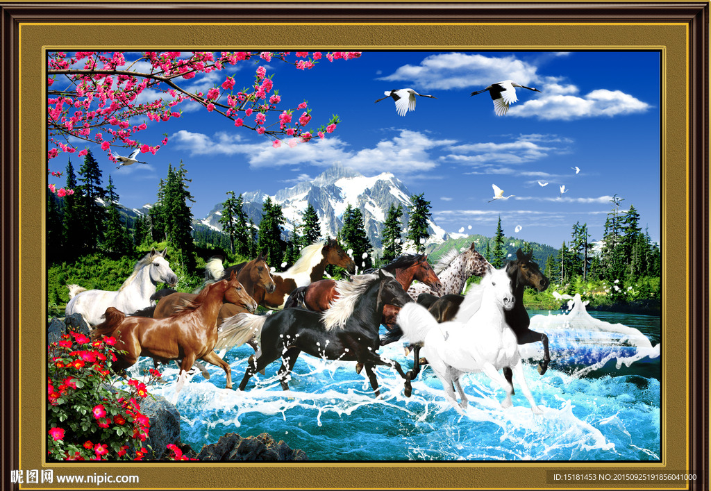 八骏图山水画