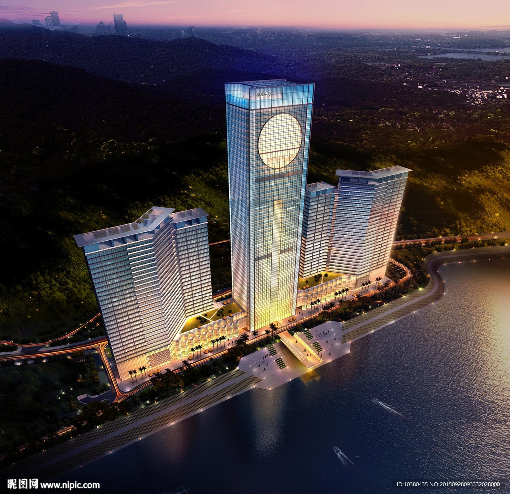 建筑大厦江边夜景效果-精细分层