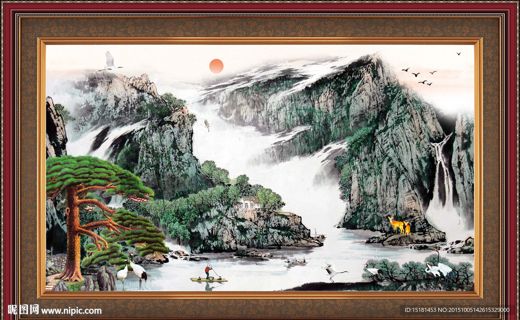 旭日东升 国画迎客松
