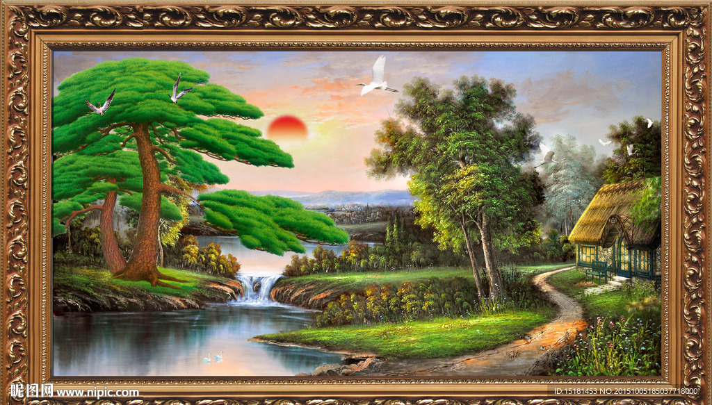油画迎客松 风景画