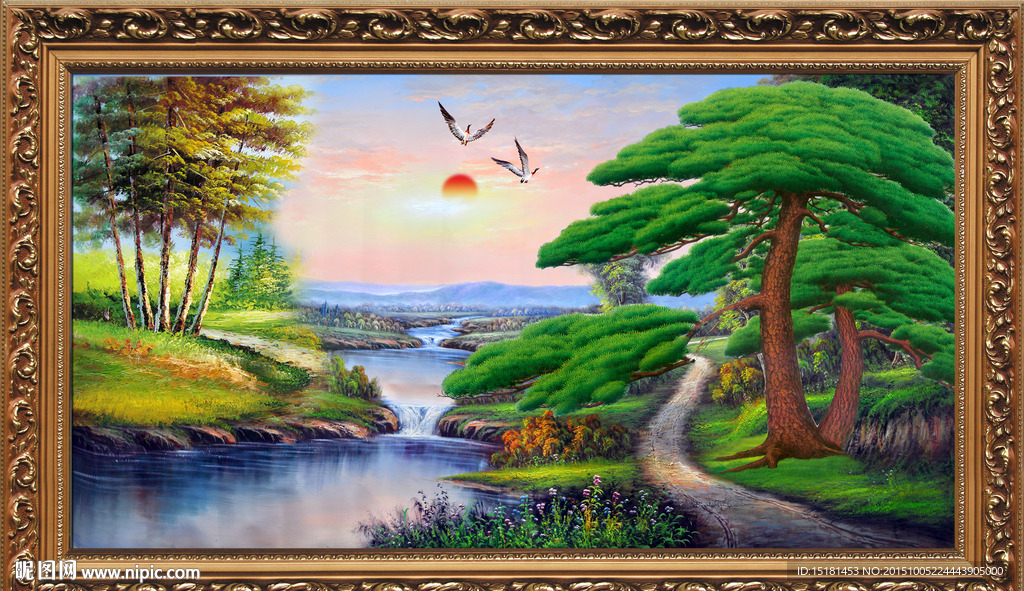 迎客松油画风景