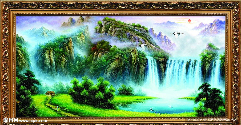 油画瀑布风景