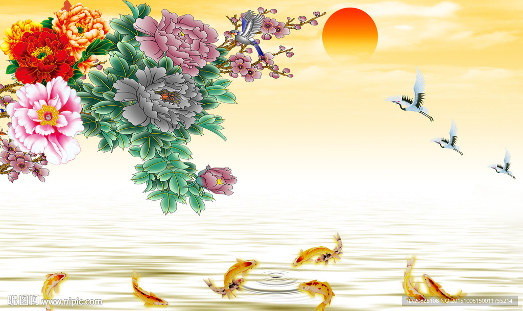 富贵花九鱼背景墙