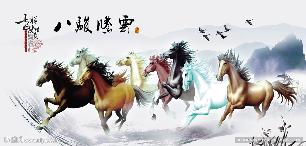 骏马八骏图壁画电视背景画