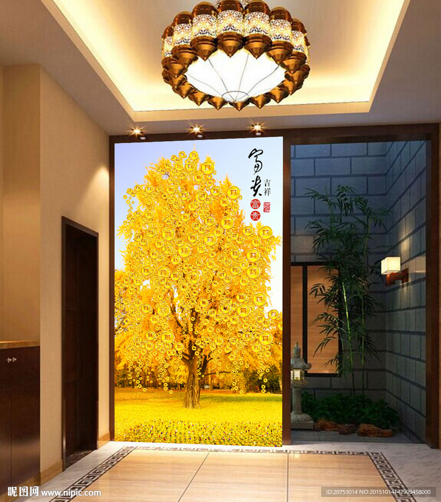 黄金发财树玄关装饰画