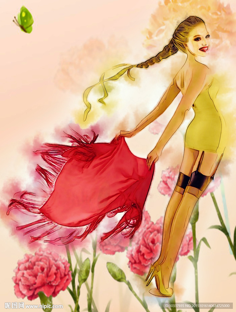 手拿披肩少女插画分层图