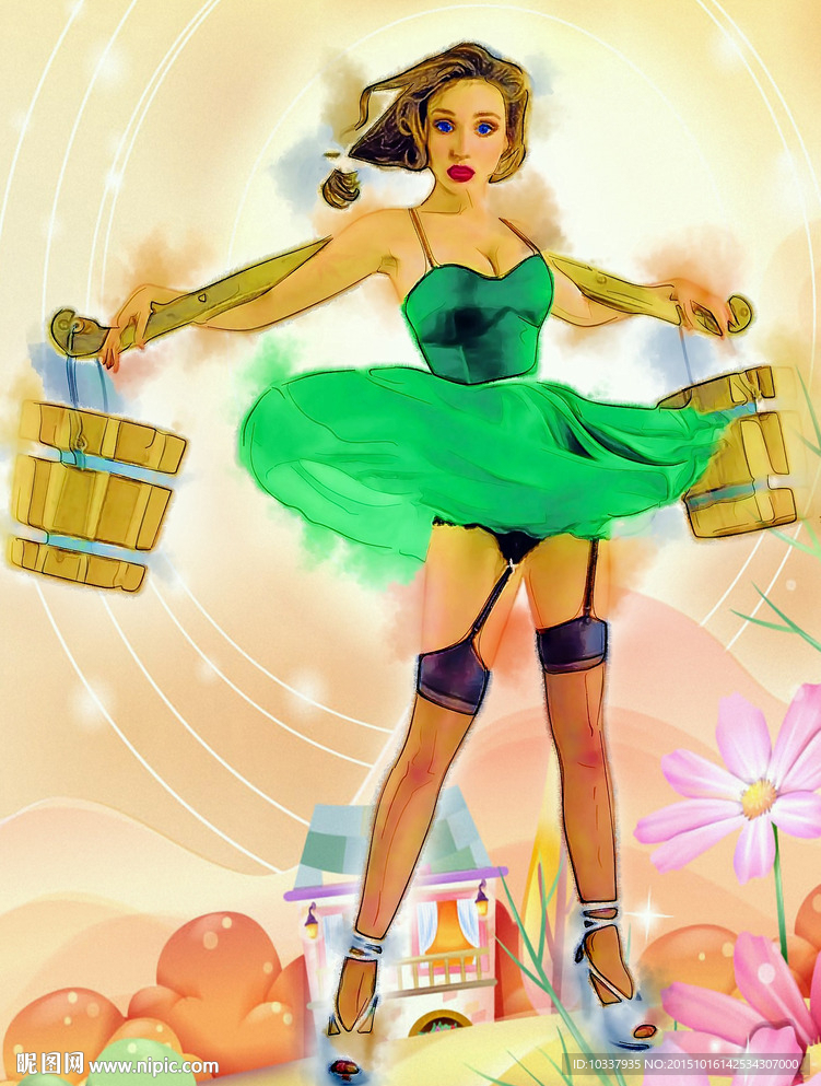 手拿水桶少女插画分层图