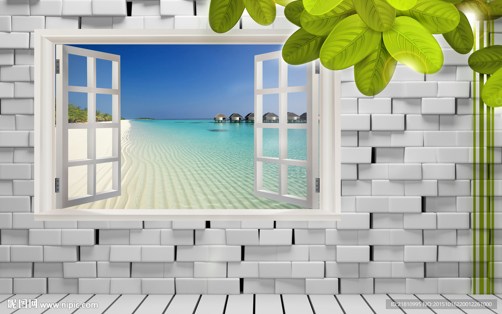 3D砖墙沙滩叶子分层图片