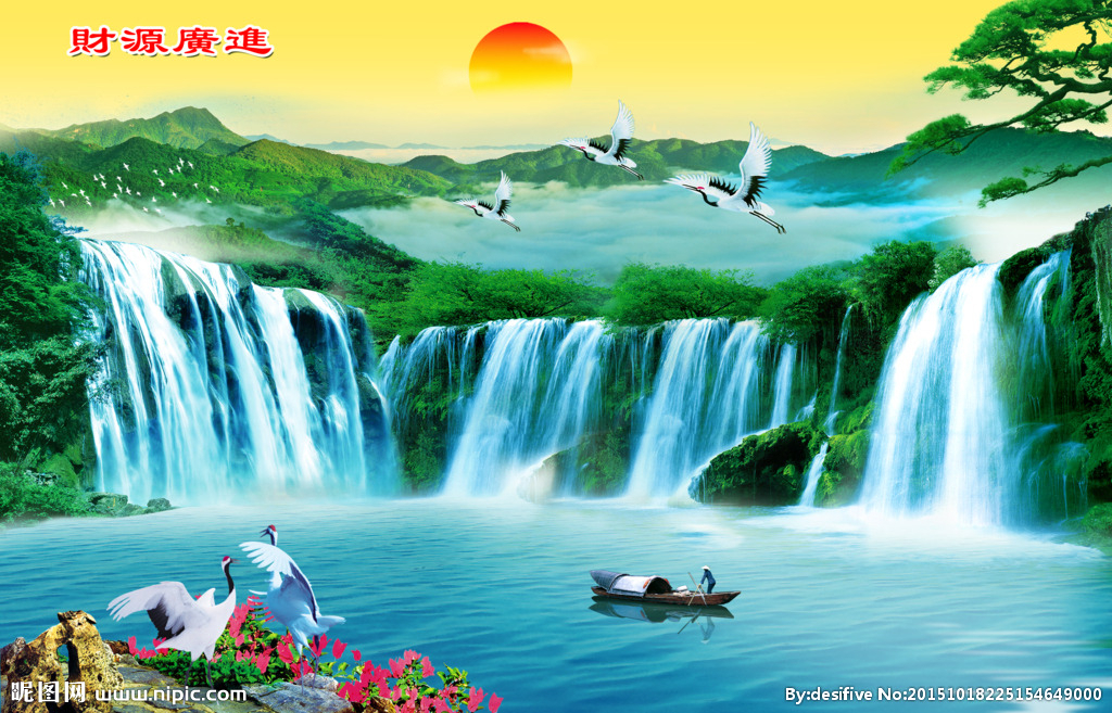 颜色:rgb100元(cny)×关 键 词:山水风景 仙鹤 瀑布 池塘 建筑 流水