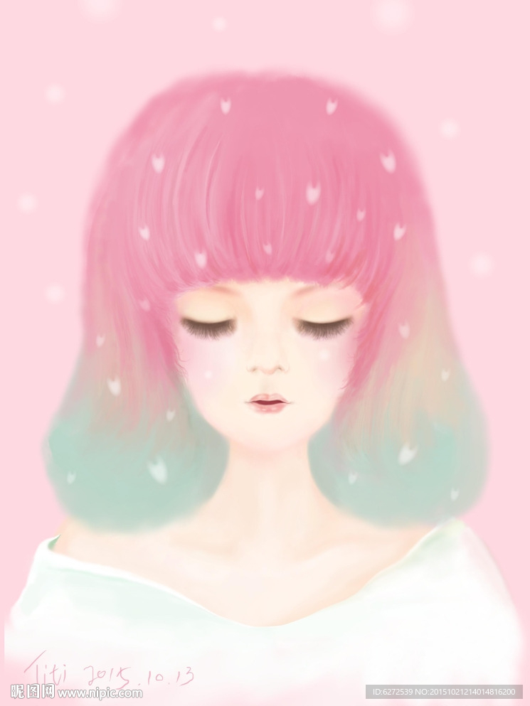 手绘雪景粉色女孩