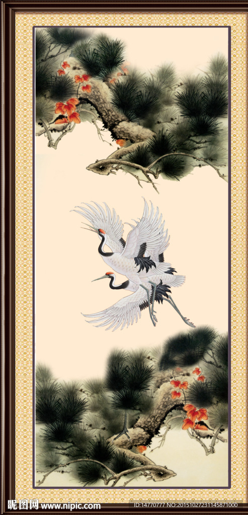 水墨迎客松仙鹤图