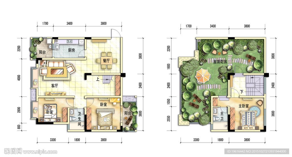 跃层户型屋顶花园分层psd