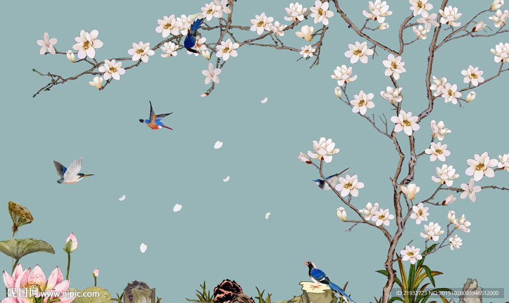 手绘鸟鸣桃花开
