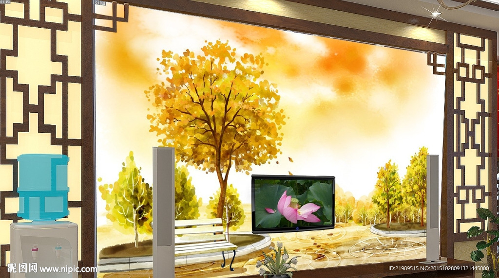水彩画卡通树电视背景墙