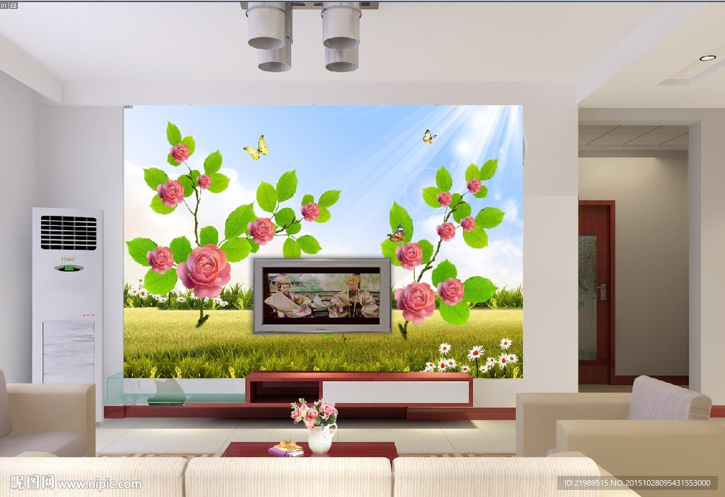 玫瑰风景画电视背景墙