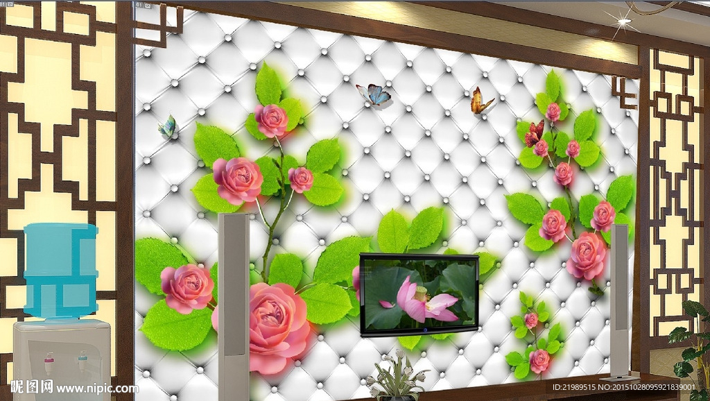 客厅3 D仿软包玫瑰电视背景墙