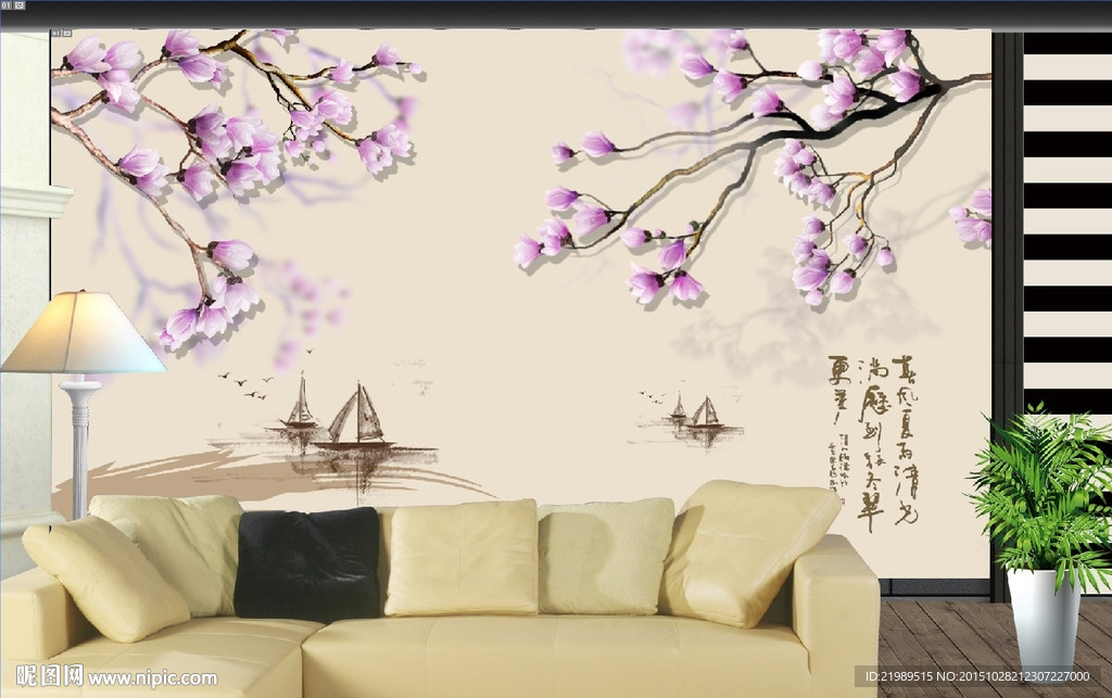 玉兰花电视背景墙