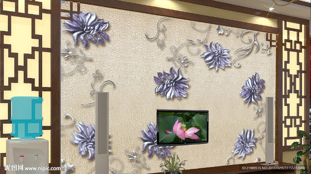 3D仿彩雕花纹电视背景墙